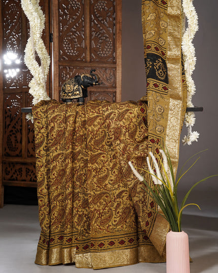 Chiffon sarees with Kalamkari print and zari-woven borders - Mustered Yellow