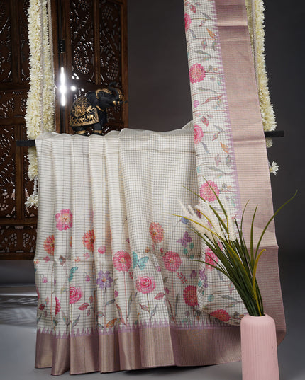 Tusser silk saree with weaving checks and zari border - Onion Pink