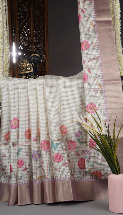 Tusser silk saree with weaving checks and zari border - Onion Pink