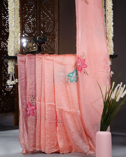 Italian Crape Saree with Floral print and Kardhana  Pearl Work with Scallop Border- Light Pink