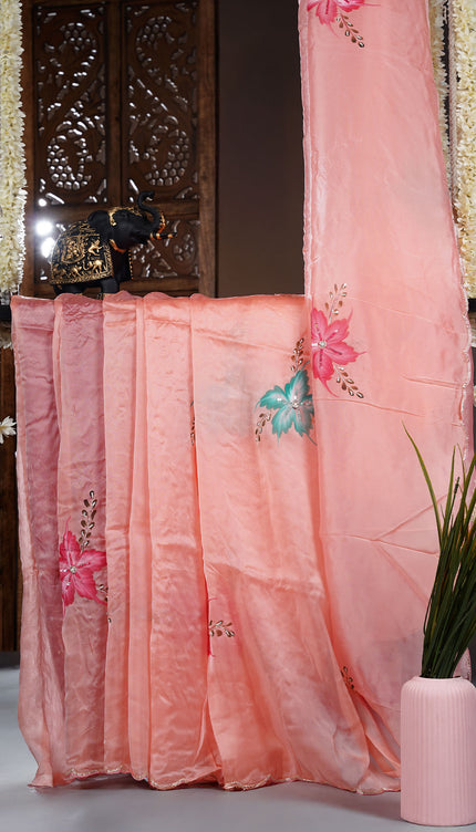 Italian Crape Saree with Floral print and Kardhana  Pearl Work with Scallop Border- Light Pink