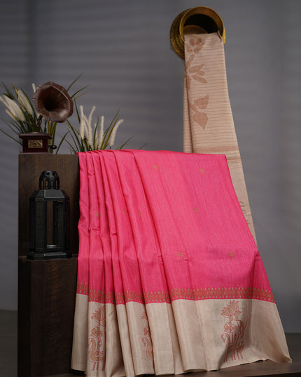 Semi Tusser Silk Digital Print Contrast Border - Pink