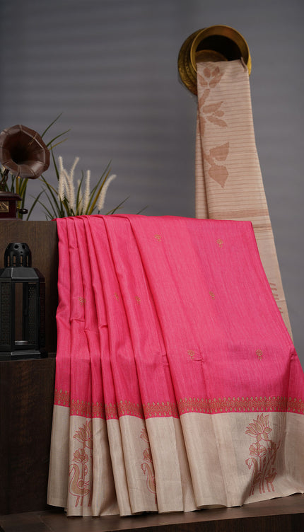 Semi Tusser Silk Digital Print Contrast Border - Pink