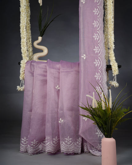 Tissue Linen Saree and Scallop Border and Peral Work - Lavender