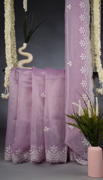 Tissue Linen Saree and Scallop Border and Peral Work - Lavender