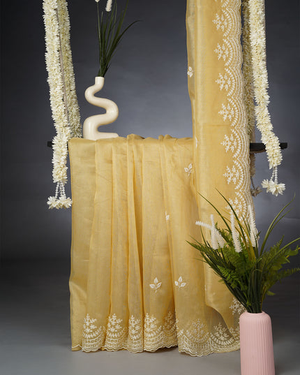 Tissue Linen Saree and Scallop Border and Peral Work -Tan