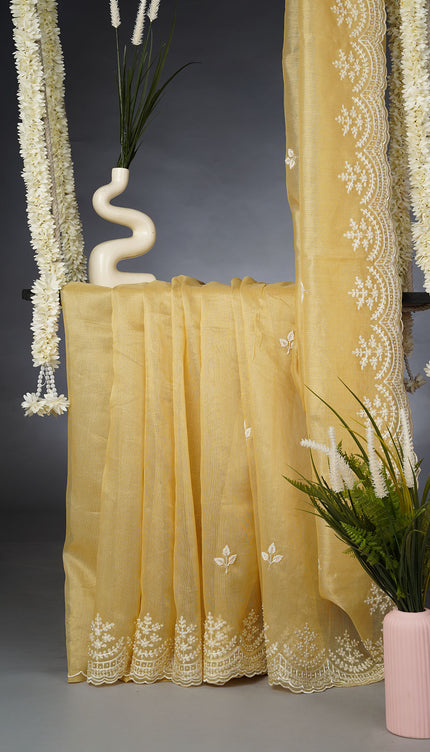 Tissue Linen Saree and Scallop Border and Peral Work -Tan
