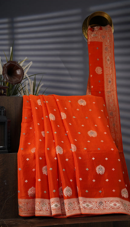Banaras Silk With Meenakari Butties - Orange