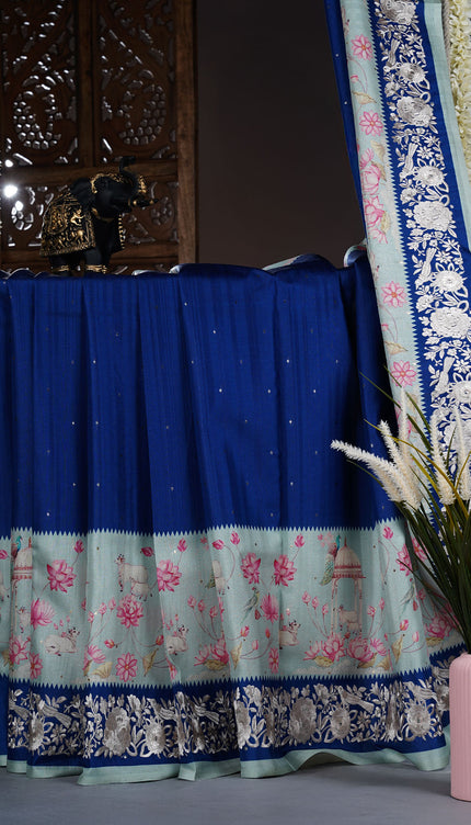 Tusser Silk saree with Parce Work Border - Lite Blue