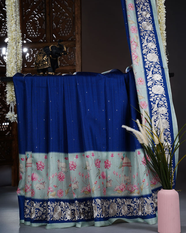 Tusser Silk saree with Parce Work Border - Lite Blue