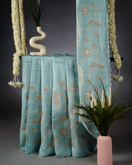 Kora Dupien Saree With Applique Work and Scallop Border - Sky Blue
