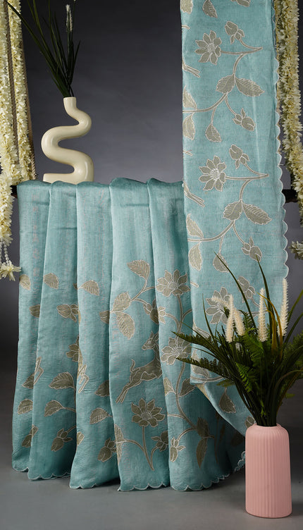 Kora Dupien Saree With Applique Work and Scallop Border - Sky Blue