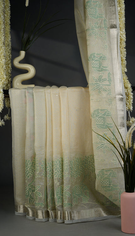 Kota Silk Saree with Mirror Work Applique and Silver Border- Cream Sage Green