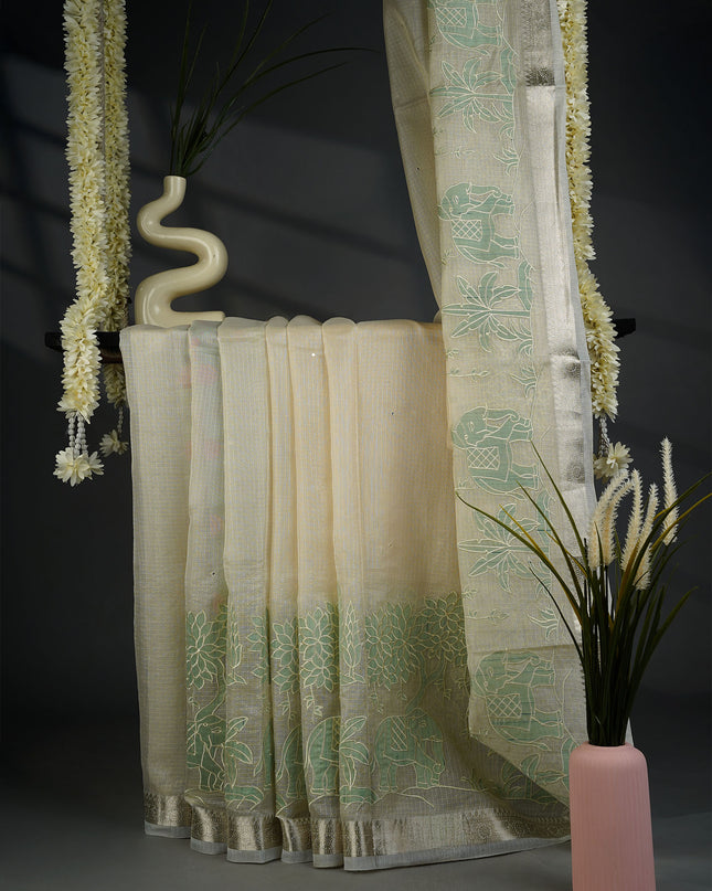 Kota Silk Saree with Mirror Work Applique and Silver Border- Cream Sage Green