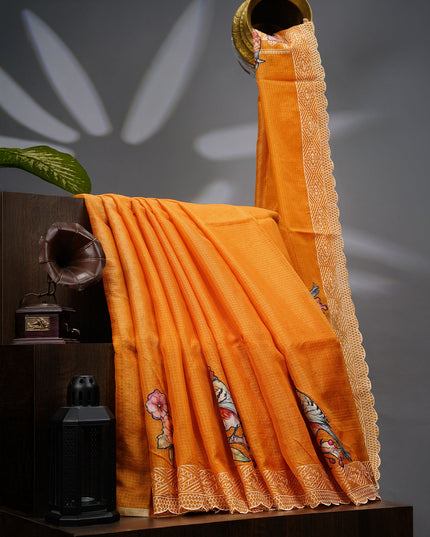 Kota Silk Saree with Applique Work and Scallop Border with Thread Work- Mustered