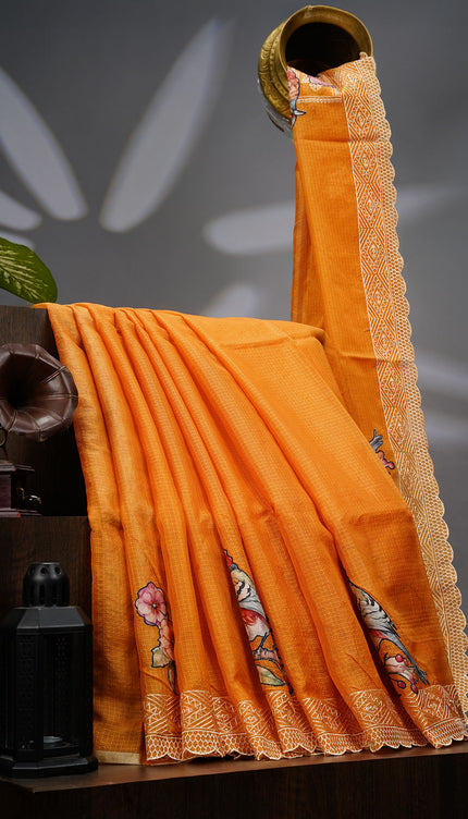 Kota Silk Saree with Applique Work and Scallop Border with Thread Work- Mustered