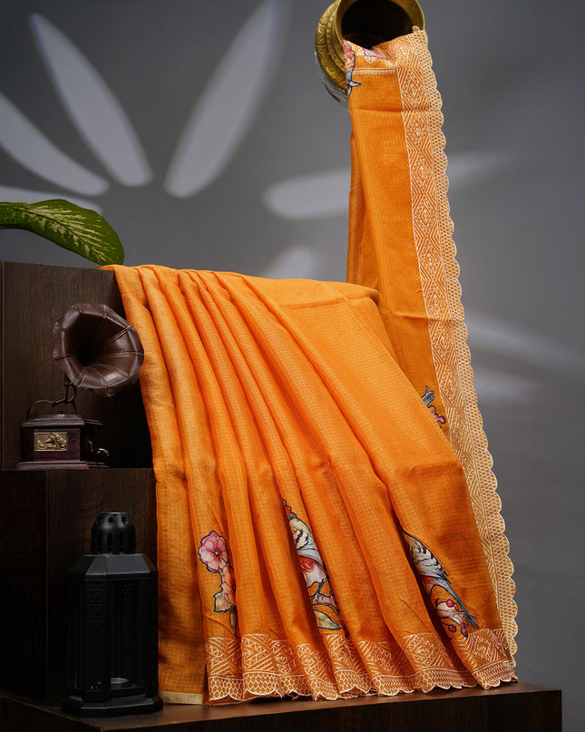 Kota Silk Saree with Applique Work and Scallop Border with Thread Work- Mustered