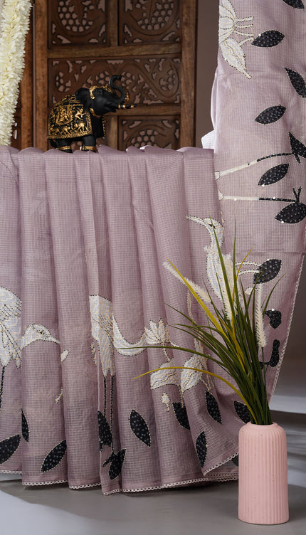 Kota saree digital print  with knot work and lace border - Tan