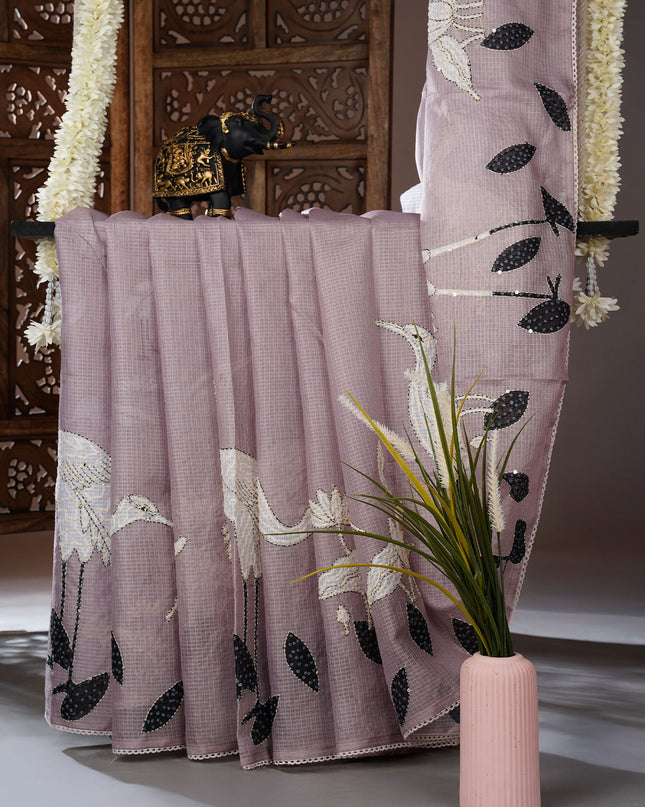 Kota saree digital print  with knot work and lace border - Tan