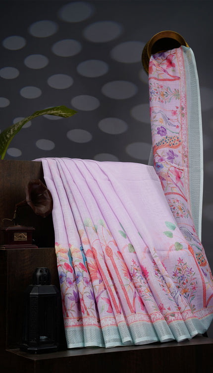 Linen Tissue Saree With Floral Print - BABY PINK