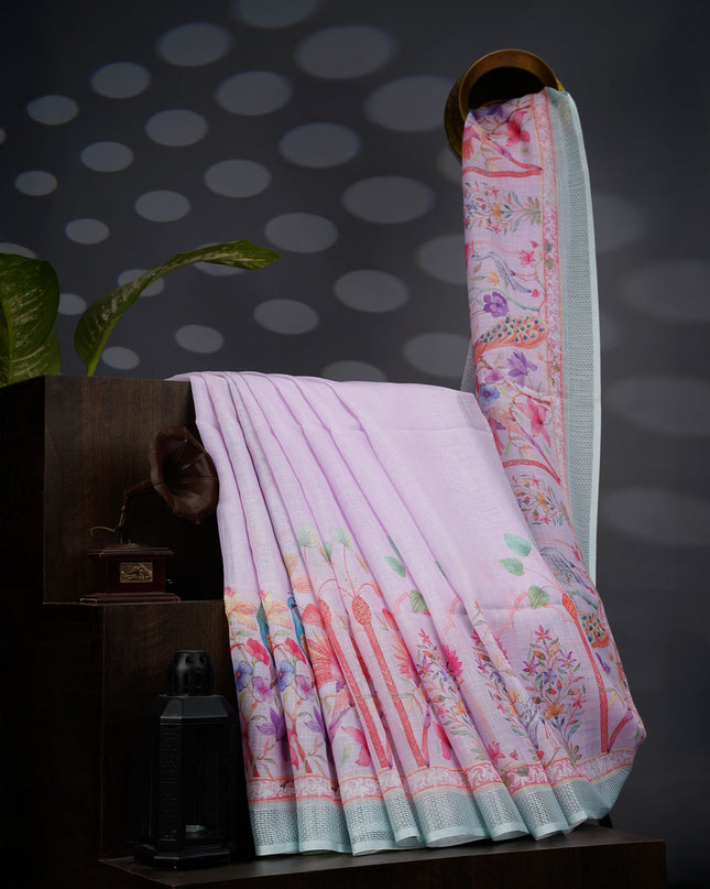 Linen Tissue Saree With Floral Print - BABY PINK