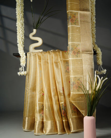 Handloom Jute Chanderi Saree with Floral Print and Woven Border- Beige