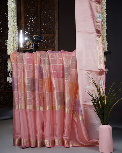 Chinon crape silk multi color check weaving design - Peach