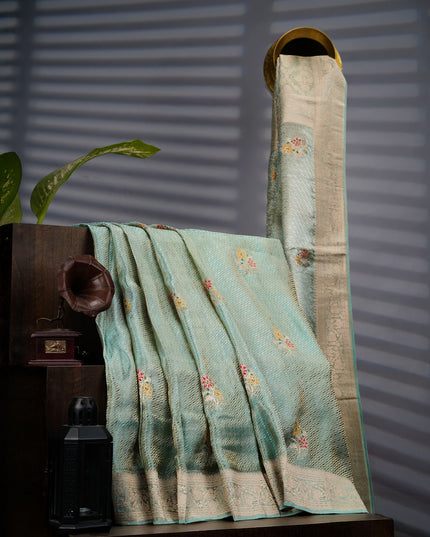 Tissue Banarasi Silk Saree With Meenakari Butties & Gold Zari Border - Sea Green