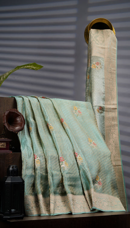 Tissue Banarasi Silk Saree With Meenakari Butties & Gold Zari Border - Sea Green