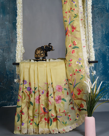 Soft tissue organza saree with thread Embroidered work and scallop muniya border - Lemon Yellow
