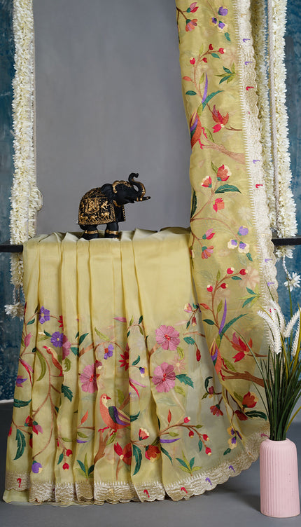 Soft tissue organza saree with thread Embroidered work and scallop muniya border - Lemon Yellow