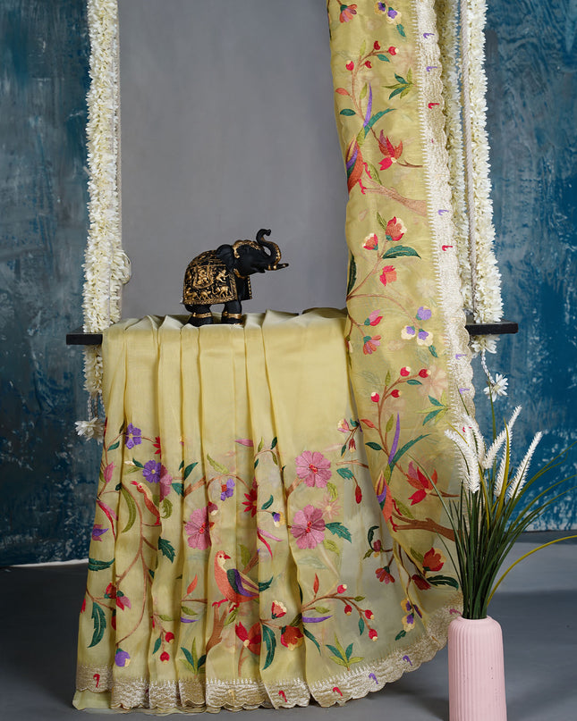 Soft tissue organza saree with thread Embroidered work and scallop muniya border - Lemon Yellow