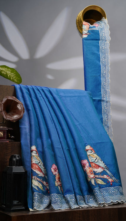 Kota Silk Saree with Applique Work and Scallop Border with Thread Work- Blue