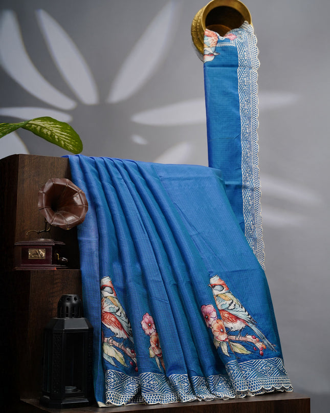 Kota Silk Saree with Applique Work and Scallop Border with Thread Work- Blue