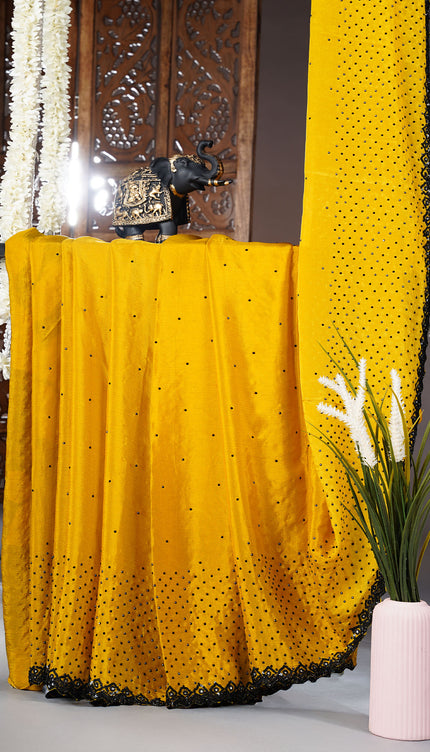 Russian crape saree with stone and sequence work and scallop border - Mustered