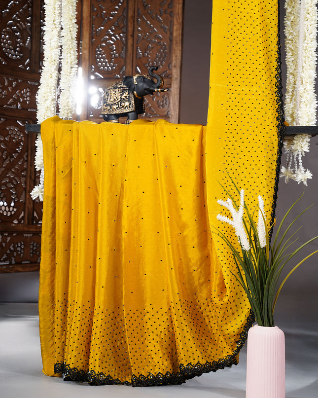 Russian crape saree with stone and sequence work and scallop border - Mustered