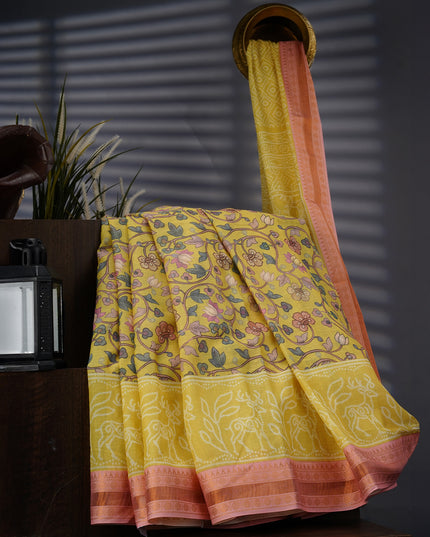 Mangalagiri Cotton Saree Digital Kalamkari Print With Contrast Border - Yellow & Green