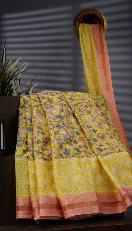 Mangalagiri Cotton Saree Digital Kalamkari Print With Contrast Border - Yellow & Green