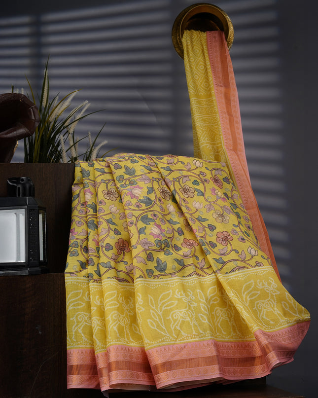 Mangalagiri Cotton Saree Digital Kalamkari Print With Contrast Border - Yellow & Green