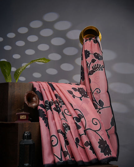 Kota Silk Floral Print Ari Work With Lace Border - Peach