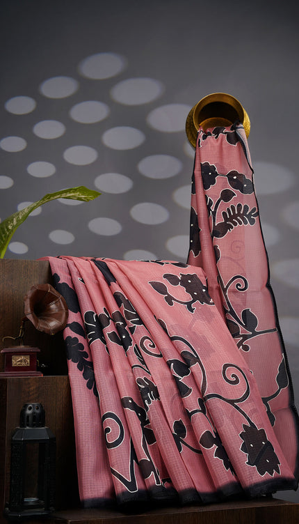 Kota Silk Floral Print Ari Work With Lace Border - Peach