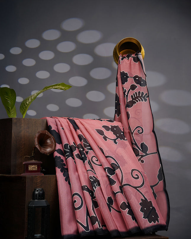 Kota Silk Floral Print Ari Work With Lace Border - Peach