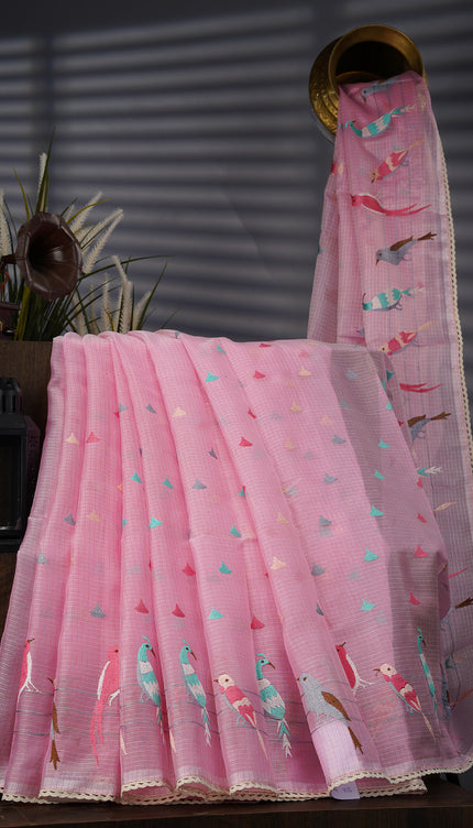 Silk Kota Saree With Thread Embroidery Butties And Border - Baby Pink