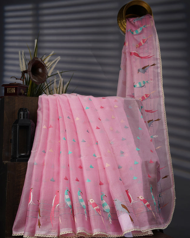 Silk Kota Saree With Thread Embroidery Butties And Border - Baby Pink