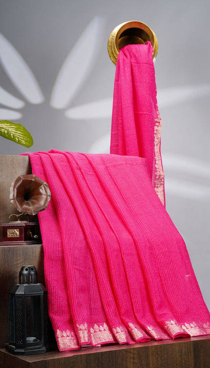 Korean Crepe Saree with Golden Zari Border- Magenta