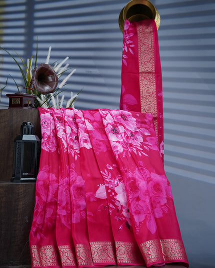 Binny Crepe Floral Print with Golden Zari Border- Pink
