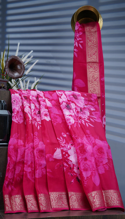 Binny Crepe Floral Print with Golden Zari Border- Pink
