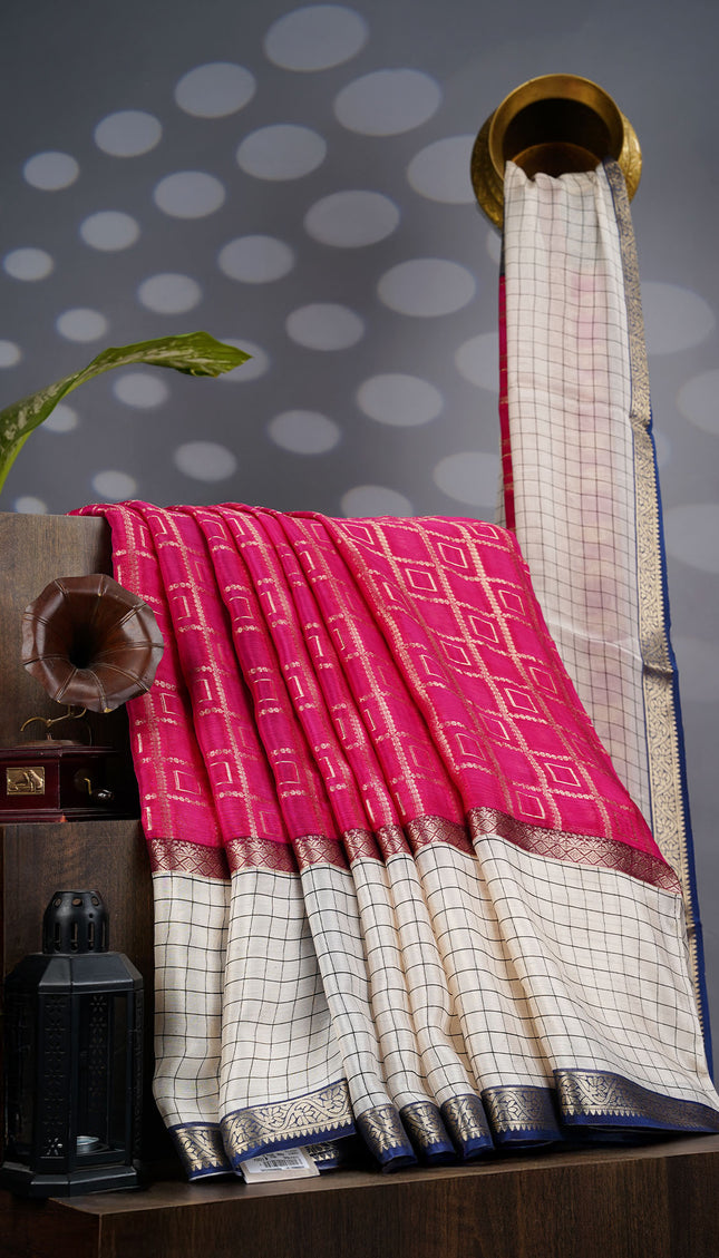 Chiffon Saree Gold Weaving Checks with Gap Border- Pink
