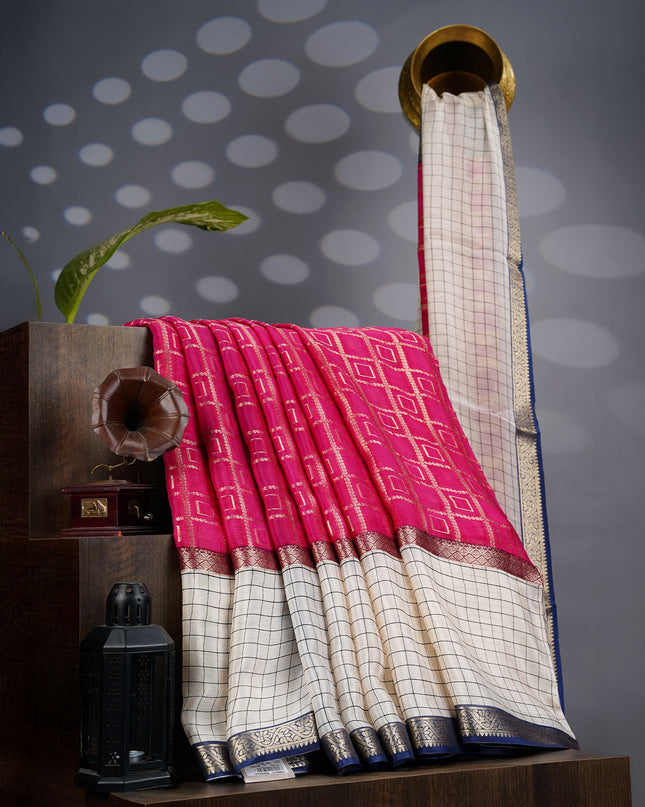 Chiffon Saree Gold Weaving Checks with Gap Border- Pink