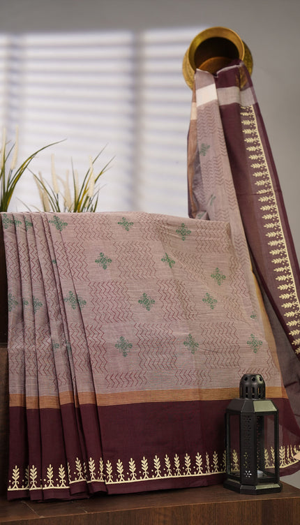 Cotton Block Print Contrast Border - Chocolate